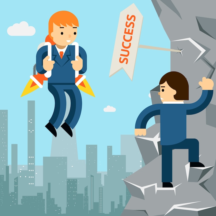 Free Vector rise to success. businessman with rocket and man climbing up the cliff.