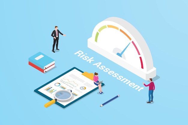 Risk assessment concept with speedometer and people and graph chart analysis data information with isometric flat style