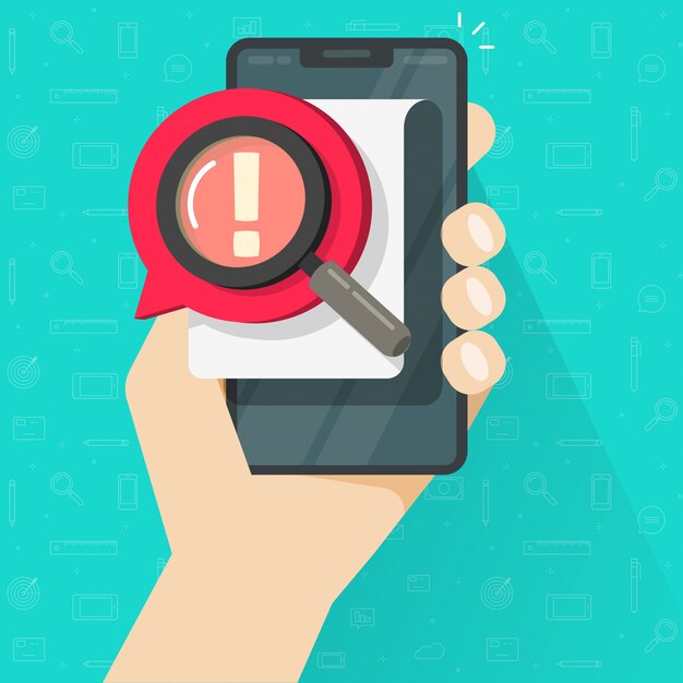 Risk message or caution alert on document or important data content comment on mobile phone flat cartoon illustration