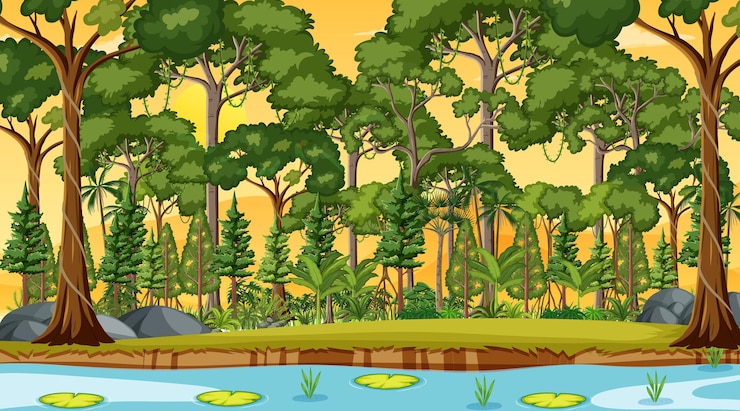 Free Vector river along the forest scene at sunset time