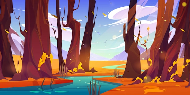 Free vector river in autumn forest and mountain nature vector