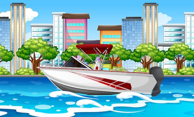 無料ベクター スピードボートで川の街のシーン