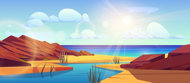 Free vector river delta landscape with water flowing into sea vector cartoon illustration of rocky stones grass on sandy coast bright sun shining in blue sky above seascape natural background for travel game