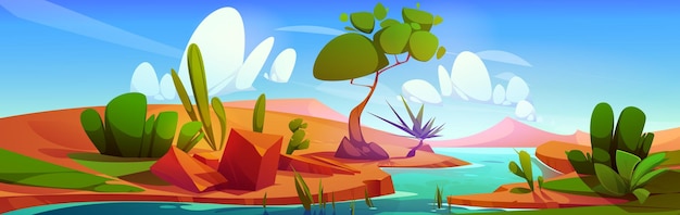 Vettore gratuito fiume nell'oasi del deserto cartone animato vettore paesaggio egitto nilo gioco panorama illustrazione con albero cactus e acqua siccità savana scenario colline scena di viaggio safari nel deserto caldo con cielo blu