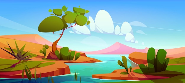 Free vector river in desert oasis cartoon vector landscape egypt nile game panorama illustration with tree cactus and water drought savannah scenery hills hot wilderness safari journey scene with blue sky