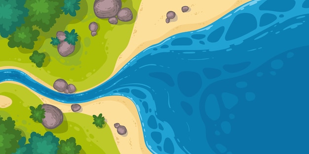 海または池の上面に川の流れ、岩と広い水に行く漫画狭い川床
