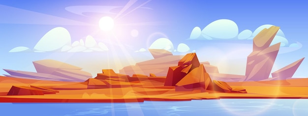 Free vector river flowing through sahara desert vector cartoon illustration of hot sandy dunes landscape rock on empty bank mountain near flowing water sunlight flaring in air blue sky with white clouds