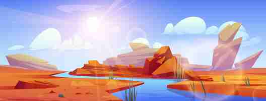 Free vector river flowing through sahara desert vector cartoon illustration of hot sandy dunes landscape stones on bank green plants growing near water sunlight flaring in air blue sky with white clouds