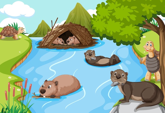 Free vector river in the forest with otters and beavers