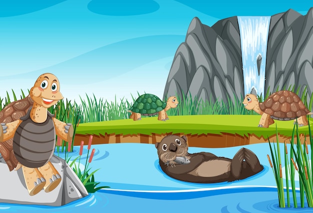 River in the forest with tortoises and an otter