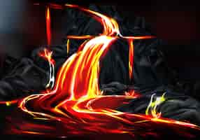 Free vector river and fountains of hot lava flowing from mountain rocks during volcano eruption