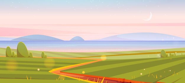 Речные зеленые поля и холмы на горизонте ранним утром Векторная карикатура на летний пейзаж с загородным озером или морской проливной дорогой и луной в небе