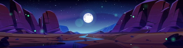Бесплатное векторное изображение Река в скальном каньоне, пустыня, мультяшный ночной пейзаж, фон сухая песчаная земля и темная гора в национальном парке юта с валунным камнем древняя скала у воды под светом полной луны