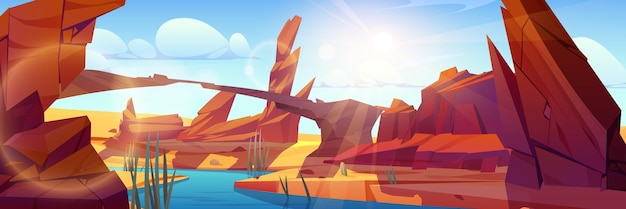 Free vector river in rock desert cartoon landscape background