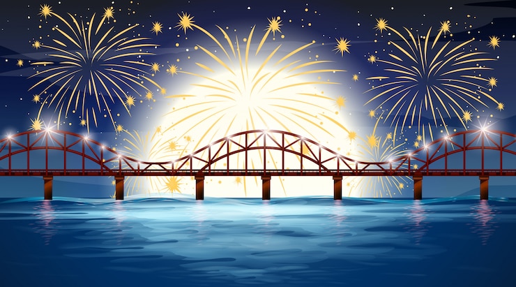 Free Vector river scene with celebration fireworks