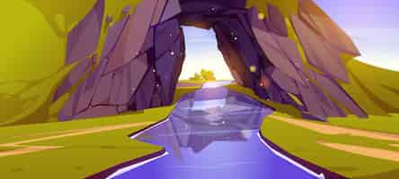 Бесплатное векторное изображение Река через векторный фон входа в пещеру арка внутри скальной горы или холма с зеленой травой мультяшные обои окружающей среды в солнечный день голубой летний ручей в тихом месте дикой природы
