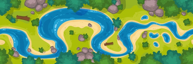 River top view, cartoon curve riverbed with blue water, coastline with rocks, trees and green grass
