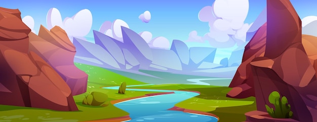Бесплатное векторное изображение Река с зеленой травой и скалистыми горами на берегу