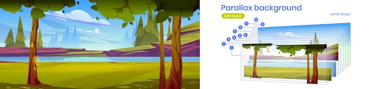 Free Vector river with rocky shore trees and coniferous forest on horizon vector parallax background ready for 2d animation with cartoon summer landscape with water stream stones and green grass