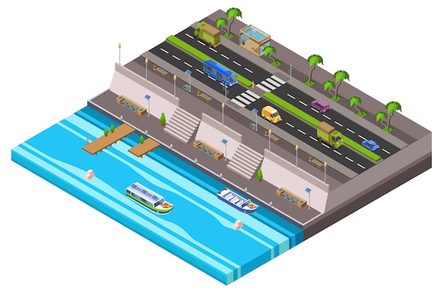 페리 보트 파이 따라 물가 도시 교통 레인의 리버 사이드 도시 아이소 메트릭 3d