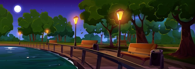 Ночной парк у реки со скамейками и фонарными столбами