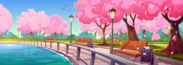 Бесплатное векторное изображение Парк у реки с деревьями сакуры вдоль набережной