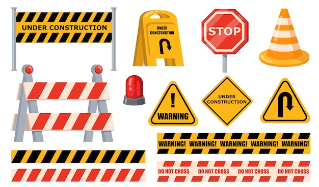 Установлены дорожные преграды. Предупреждающие знаки и знаки остановки, строящиеся щиты, желтая лента и конус. Плоские векторные иллюстрации для блокпоста, дорожных работ, концепции дорожной баррикады.