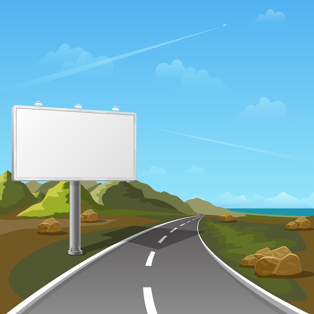 風景の背景を持つ道路看板。看板広告、広告空白、屋外看板、ポスター看板イラスト