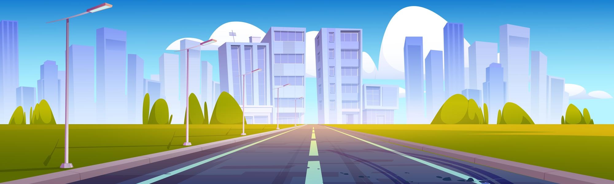 Free Vector | Road to city with buildings and skyscrapers on skyline.  vector cartoon illustration of summer landscape with empty highway, street  lights, green grass, trees and modern town on horizon