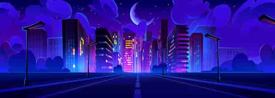 Free vector road to city with multistorey and neon lights