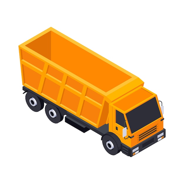 Road construction isometric composition with isolated image of orange truck vector illustration