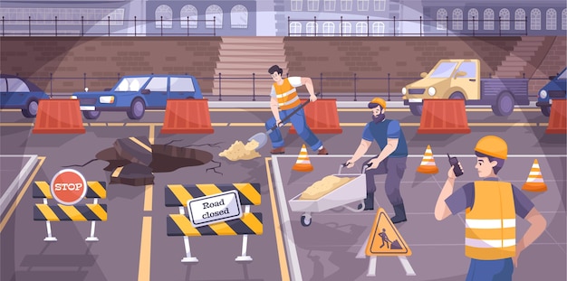La costruzione di strade segnala la composizione piatta con i lavoratori che stanno riparando la strada e ci sono segni sulla strada