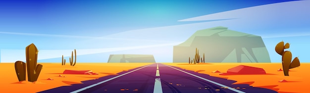 Road in desert scenery landscape with rocks and dry ground. Straight empty highway in Arizona Grand Canyon, asphalted way disappear into the distance with sun. Cartoon vector illustration
