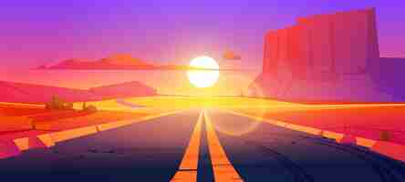 Free vector road in desert sunset scenery landscape with rocks and dry ground. straight empty highway in arizona grand canyon, asphalted way disappear into the distance with dusk sun. cartoon vector illustration