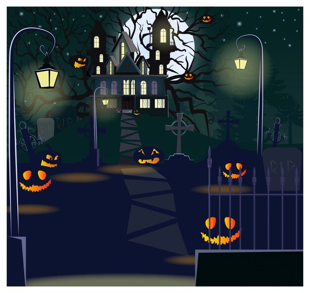 Road to haunted house with lanterns and pumpkins
