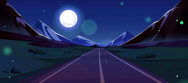 Road and mountain view night landscape cartoon