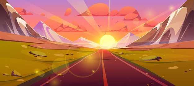Free vector road and mountain view sunset landscape cartoon