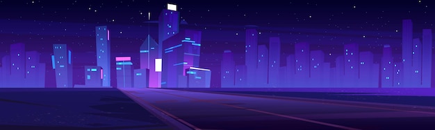 Strada verso la città di notte, autostrada vuota, skyline viola