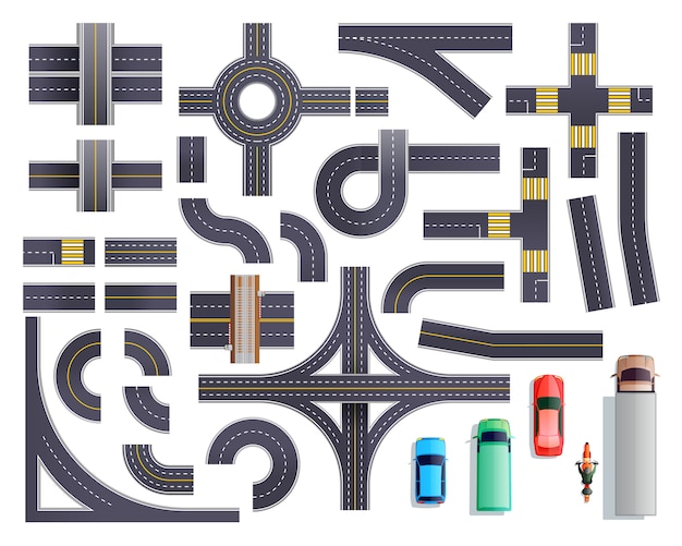 無料ベクター 道路部品車両セット