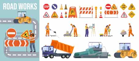 無料ベクター 道路修理の平らな構成は,重機の道路標識とジオデシックと道路作業を行う人々で構成されています.