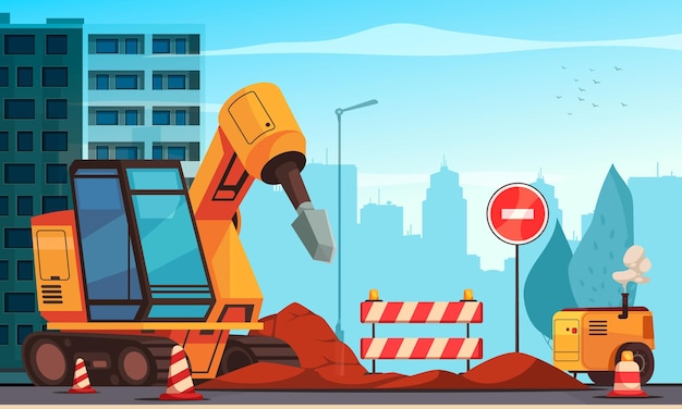Free vector road repair urban background with modern special machinery on blocked roadway cartoon vector illustration