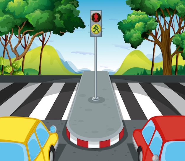 Road scene with zebra crossing and cars