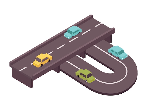 Composizione isometrica del set stradale con vista delle autostrade con cavalcavia e illustrazione vettoriale di automobili in movimento