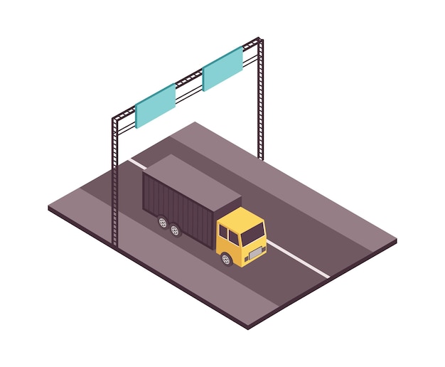 無料ベクター 移動するトラックとフレームのベクトル図の交通標識と高速道路のビューと道路セットの等角投影図