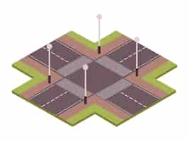 Бесплатное векторное изображение Изометрическая композиция дорожного набора с видом на неконтролируемое пересечение дорог с векторной иллюстрацией переходов 