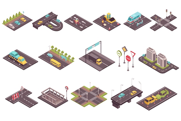 Free vector road set isometric composition with view of road intersection with traffic lights and zebra crossings vector illustration