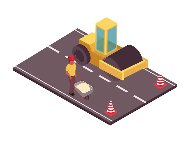 Изометрическая композиция дорожного набора с видом на дорогу с рабочими дорожными конусами и векторной иллюстрацией роликов