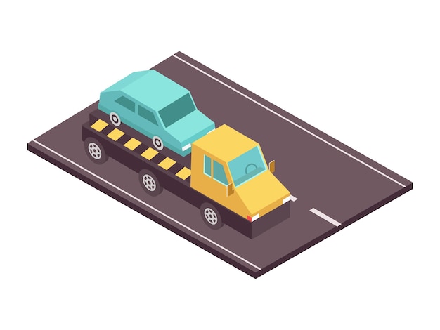 Road set isometric composition with view of tow truck carrying car on motorway vector illustration