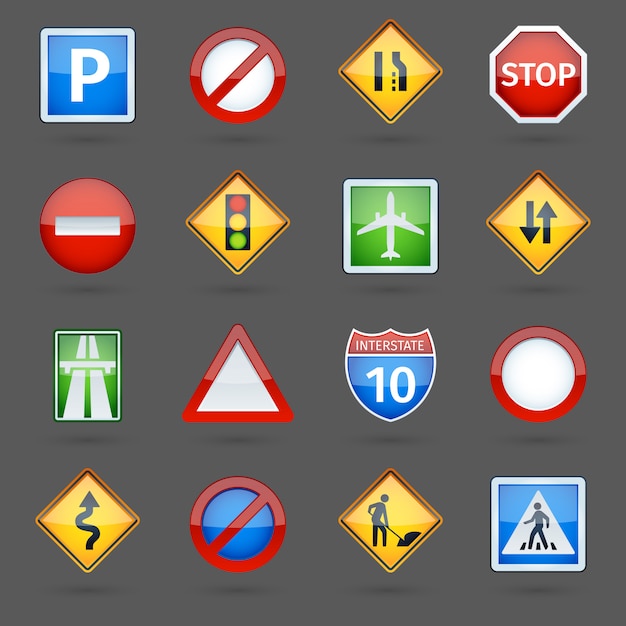 Free vector road traffic signs glossy icons set