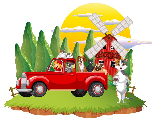 Road trip concept with domestic animals in a car